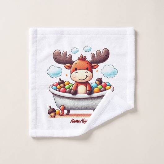 Cute Baby Moose Bath Time Cartoon Illustration Washandje (Wasdoekje)