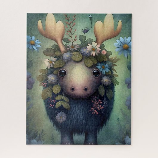 Cute Baby Moose Blue White Flowers Painting Legpuzzel (Verticaal)