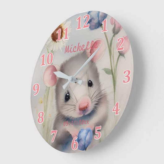 Cute Baby Mouse Pastel Waterverf Spring Flowers Grote Klok (Hoek)