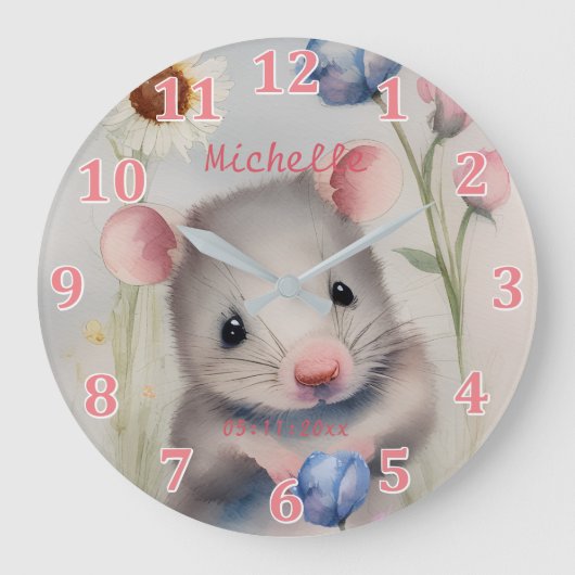 Cute Baby Mouse Pastel Waterverf Spring Flowers Grote Klok (Voorkant)