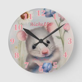 Cute Baby Mouse Pastel Waterverf Spring Flowers Ronde Klok
