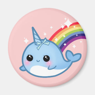 Cute baby narwhal met regenboog en sterren op roze magneet