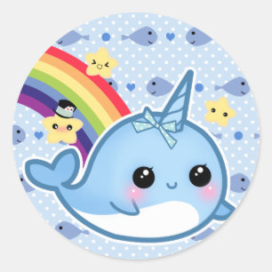 Cute baby narwhal met regenboog en sterren ronde sticker