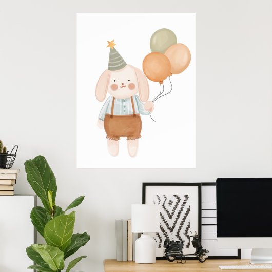 Cute Baby Nursery Roze Konijn Wolk en Sterren  Poster (Thuiskantoor)