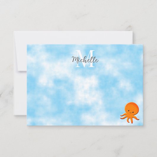 Cute Baby Octopus Blue Watercolor Custom Monogram Notitiekaartje (Voorkant)