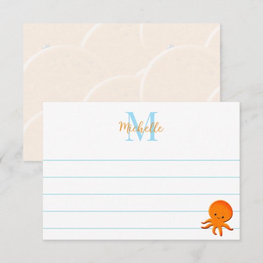 Cute Baby Octopus Custom Lined Monogram Notitiekaartje (Voorkant / Achterkant)