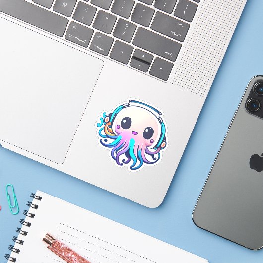 Cute Baby Octopus Sticker (Laptop met iPhone)