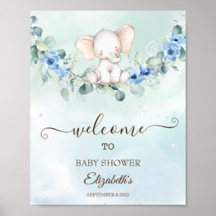 Cute Baby Olifant Blauwe Rozen Poster