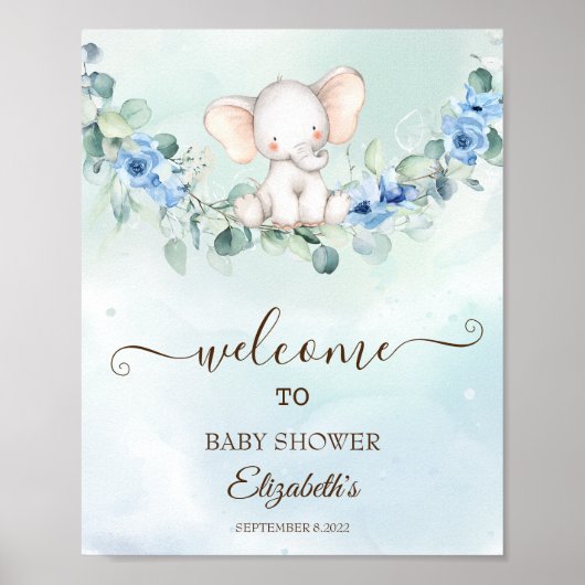 Cute Baby Olifant Blauwe Rozen Poster (Voorkant)