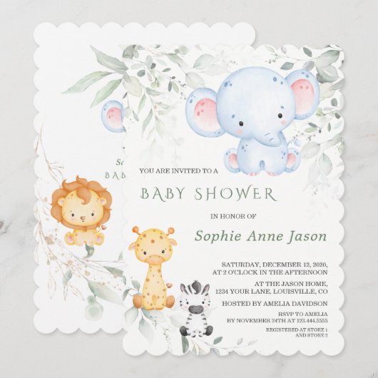 Cute Baby Olifant en Vrienden Safari Baby Shower  Kaart (Voorkant / Achterkant)