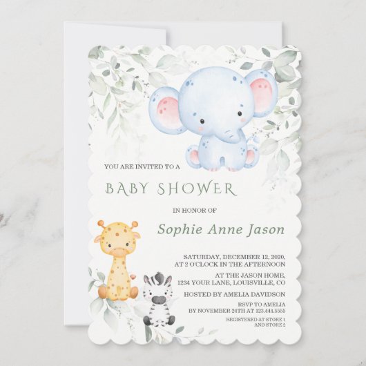 Cute Baby Olifant en Vrienden Safari Baby Shower  Kaart (Voorkant)