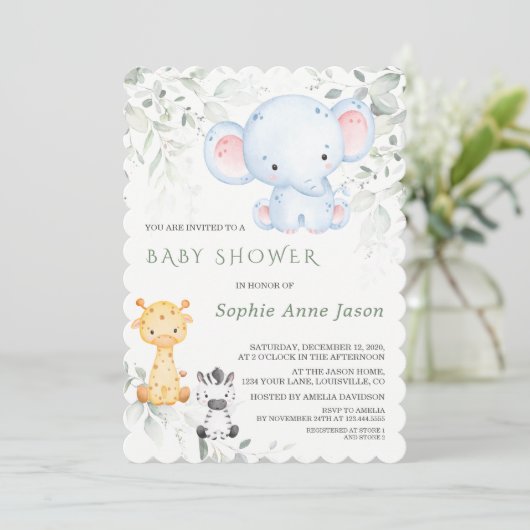 Cute Baby Olifant en Vrienden Safari Baby Shower  Kaart (Staand voorkant)