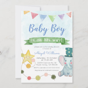 Cute Baby Olifant Feestje  - Blauwe Baby Shower Kaart