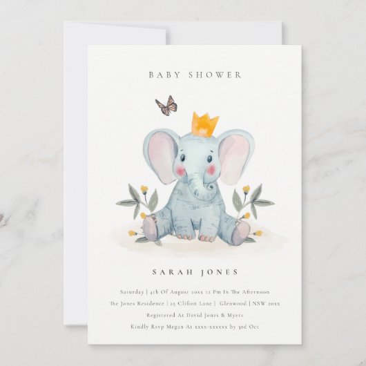 Cute Baby Olifant Foliage Baby Shower Uitnodiging (Voorkant)