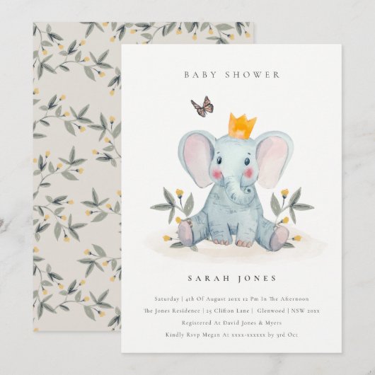 Cute Baby Olifant Foliage Baby Shower Uitnodiging (Voorkant / Achterkant)