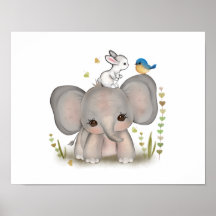 Cute Baby Olifant Konijn Poster Print