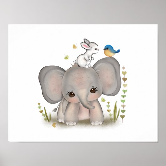 Cute Baby Olifant Konijn Poster Print (Voorkant)