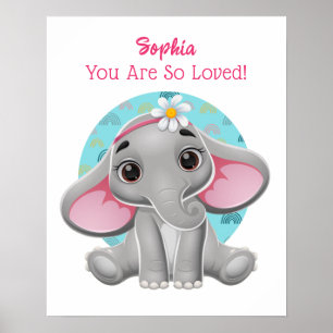 Cute Baby Olifant Kunst, Kindernaam & Bericht Poster