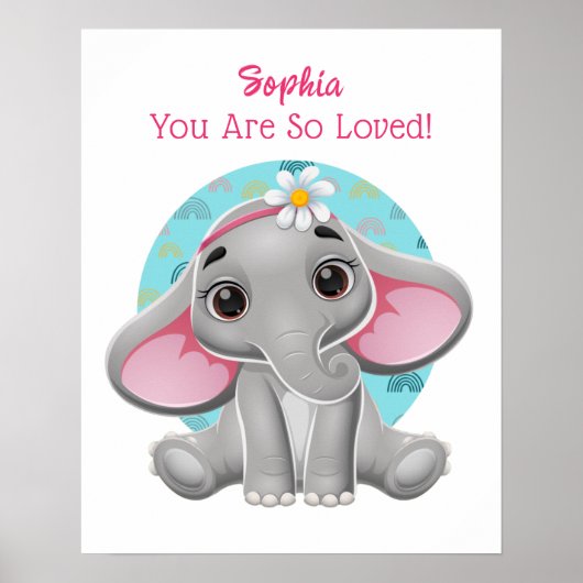 Cute Baby Olifant Kunst, Kindernaam & Bericht Poster (Voorkant)