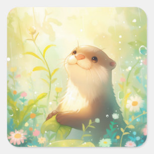 Cute Baby Otter in Zonnige Weide met Bloemen Vierkante Sticker