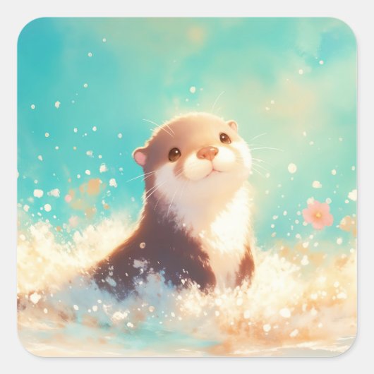 Cute Baby Otter Playing in Golden Sparkling Ocean Vierkante Sticker (Voorkant)