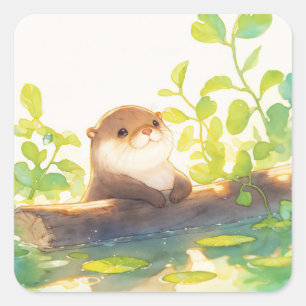 Cute Baby Otter Rustend op Stam met Water Vierkante Sticker