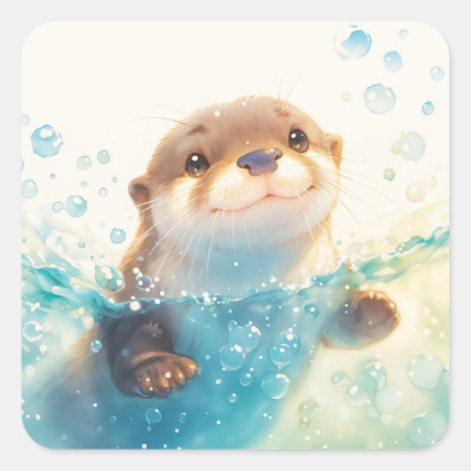Cute Baby Otter Splashing in Sparkling Blue Water Vierkante Sticker (Voorkant)