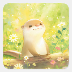 Cute Baby Otter Staand Achter Boomstam met Bloemen Vierkante Sticker