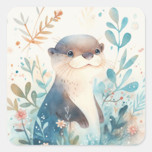 Cute Baby Otter Staand in Wilde Bloemen Vierkante Sticker