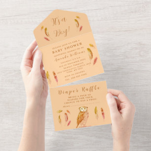 Cute Baby Owl Bird Feathers Bohemian Waterverf All In One Uitnodiging