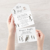 Cute Baby Owl Bird Feathers Bohemian Waterverf All In One Uitnodiging (Afscheurbaar)