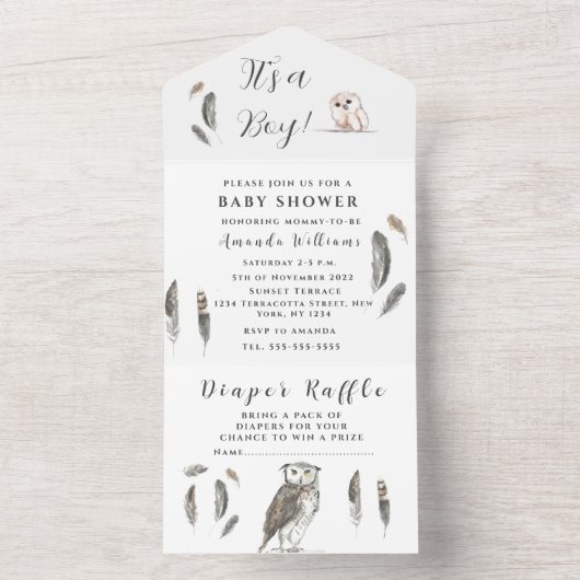 Cute Baby Owl Bird Feathers Bohemian Waterverf All In One Uitnodiging (Binnen)