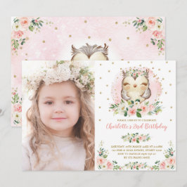 Cute Baby Owl Blush Pink Gold Flowers Birthday Kaart