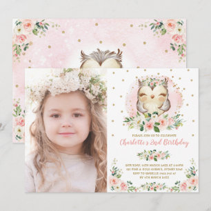 Cute Baby Owl Blush Pink Gold Flowers Birthday Kaart