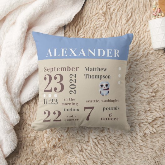 Cute Baby Owl Spring Blue Birth Stats Boy Nursery Kussen (Deken)