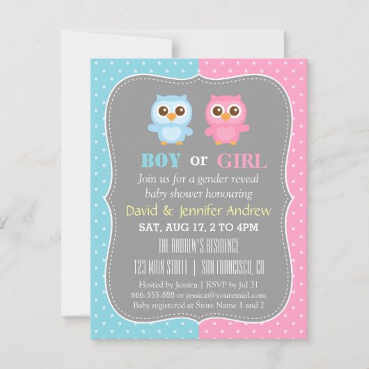 Cute Baby Owl Thema Gender Reopenbaarmakingsfeest Kaart (Voorkant)
