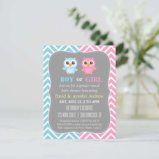 Cute Baby Owl Theme Chevron Gender Reopenbaarmakin Kaart (Staand voorkant)
