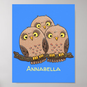 Cute baby owl trio cartoon illustratie poster