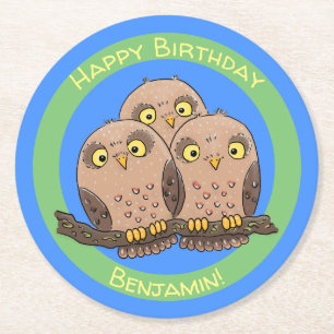 Cute baby owl trio cartoon illustratie ronde kartonnen onderzetter