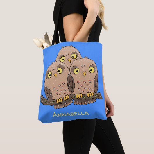 Cute baby owl trio cartoon illustratie tote bag (Dichtbij)