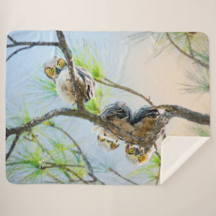 Cute Baby Owls Great Horned Wildlife Fine Art Sherpa Deken