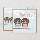 Cute Baby Owls Twins Baby shower Invitation Kaart (Voorkant / Achterkant)