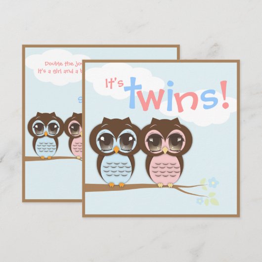 Cute Baby Owls Twins Baby shower Invitation Kaart (Voorkant / Achterkant)