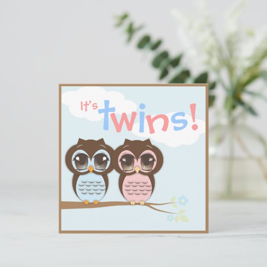 Cute Baby Owls Twins Baby shower Invitation Kaart (Staand voorkant)