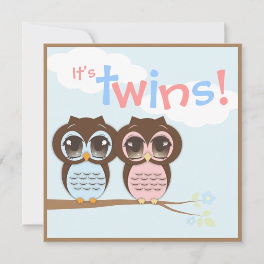 Cute Baby Owls Twins Baby shower Invitation Kaart (Voorkant)