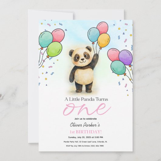 Cute Baby Panda Balloon 1st Birthday Party Pink Kaart (Voorkant)