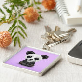 Cute Baby Panda Beer Cub op Paars Sleutelhanger (Zijkant)