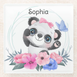 Cute Baby Panda Flower WreatCustom Name Glazen Onderzetter