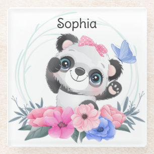 Cute Baby Panda Flower WreatCustom Name Glazen Onderzetter
