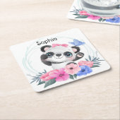 Cute Baby Panda Flower WreatCustom Name Kartonnen Onderzetters (Schuin)
